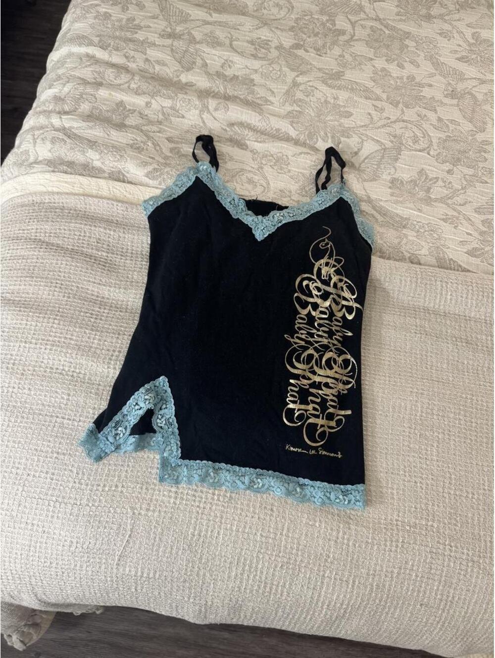 y2k black, teal & gold baby phat lace tank top / cami